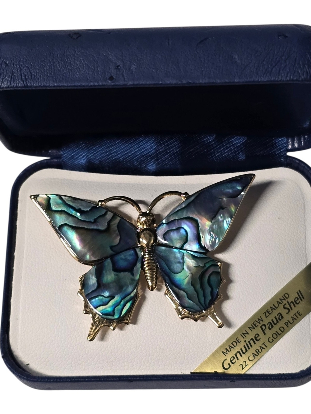 Genuine Paua Shell Butterfly Brooch with Gold Plate - Iridescent Blue-Green